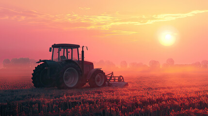 Idyllic farming scene with a tractor working in the field during a beautiful sunset, showcasing rural life and agriculture.