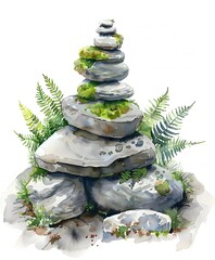 watercolor, small stack of rocks with moss and ferns