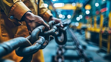 Industrial worker inspecting heavy chain links in a manufacturing plant