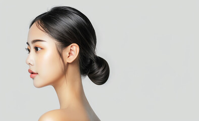 Obraz premium Photo of beautiful young asian woman with perfect clean fresh skin on white background, close up portrait from the back view, side profile, shoulder and neck isolated on transparent png background, 
