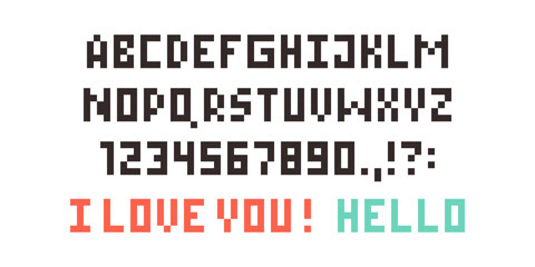 Pixel font set. Letter and numeral units of a digital image or graphic for computer display. Pixel alphabet 