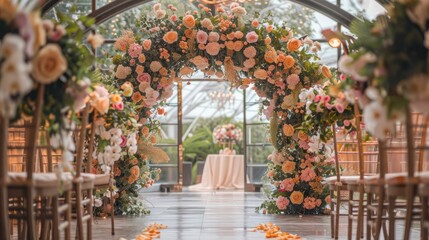 Fototapeta premium Romance and elegance with a stunning floral arch placed in front of the backdrop and dining table. To create a focal point for celebrating love.