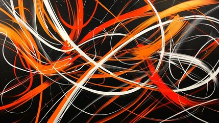 Abstract swirls of orange and white on a black canvas backdrop