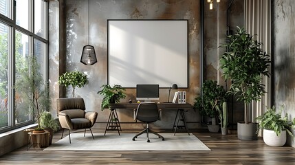 Discover a professionally styled home office with a large blank poster mockup hanging behind a sleek workspace.