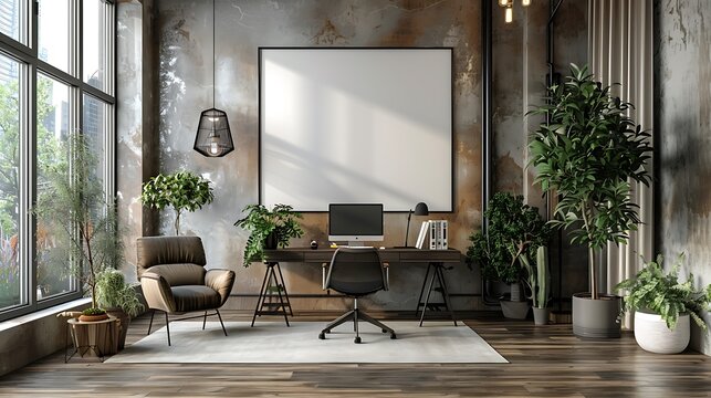 Discover a professionally styled home office with a large blank poster mockup hanging behind a sleek workspace.