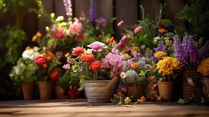 Garden flowers on wooden table background Generative AI