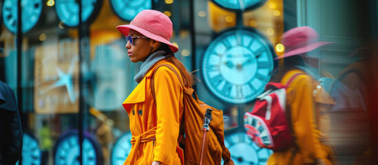 A fashionable woman in an orange trench coat, pink hat and sunglasses carrying a backpack walks along the street next to glass display windows with blue clock images on them