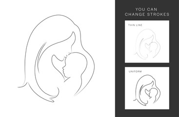 Happy Mother's Day card. Continuous one-line drawing. The woman holds her baby. Mother and baby contour illustration.