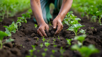 
Amidst rows of thriving plants on a regenerative organic farm, farmers stoop to collect soil samples, their hands gently cradling the earth, symbolizing the interconnectedness between healthy soil an