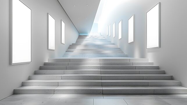 Experience an innovative gallery walk with blank poster mockups arrayed along a staircase wall, each poster varying in size and aligned in a staggered fashion.