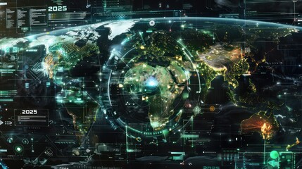 A world database map where modernity meets data, technology convergence and visualization, a tech vibe. Presenting global information in a visually appealing format