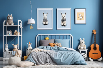 Creative composition of child room interior with mock up poster frame, cozy bed, stylish rack, blue...