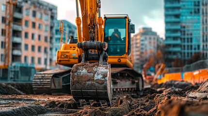Amidst the noise and activity of a construction site, an excavator works diligently, its hydraulic arm digging deep into the ground