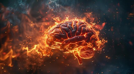 A depiction of a brain consumed by flames against a dark background
