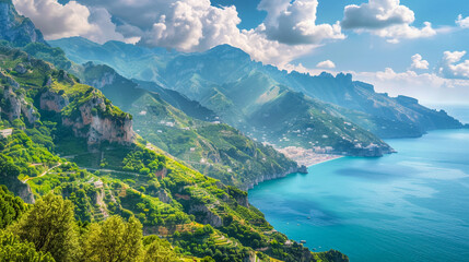 Amalfi Coast, Italy. Green mountains. View on the enchanting hills of the Lattari Mountains close to the Amalfi Coast. Banner header horizontal ,