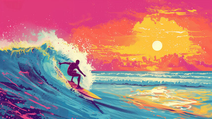 Surfer enjoying the sunset on the beach with clear sky of summer