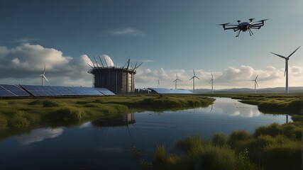 Fototapeta premium An advanced autonomous robot drone equipped with sensors and AI technology is operating in an agricultural field, smart farming and smart agriculture concept.