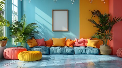 Step into a vibrant and colorful children's playroom featuring a blank poster mockup on the wall.