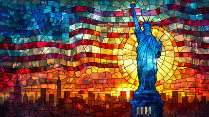 Flag and united states statue of liberty stained glass style