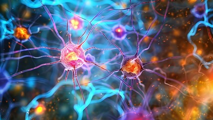 Closeup digital rendering of colorful neurons firing in human brain. Concept Neuroscience, Digital Art, Human Brain, Neurons, Colorful Illustration