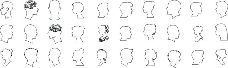 outline of  brain, human profiles, mental health, psychology, identity concept, vector graphic design, diversity, contour, side view, anonymous person, male, female, adult, child
