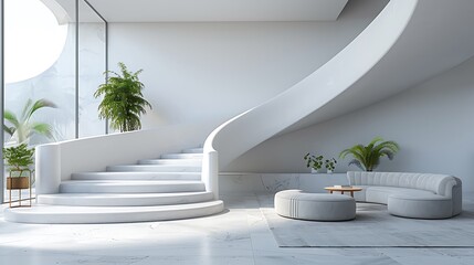 Visualize a creative display of blank poster mockups ascending in size along the curves of a staircase wall.