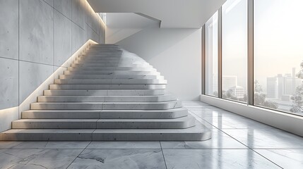 Visualize a creative display of blank poster mockups ascending in size along the curves of a staircase wall.
