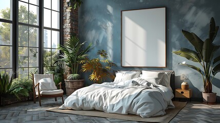 Visualize a minimalist bedroom enhanced with a blank poster mockup above the bed, framed to act as an artistic headboard.