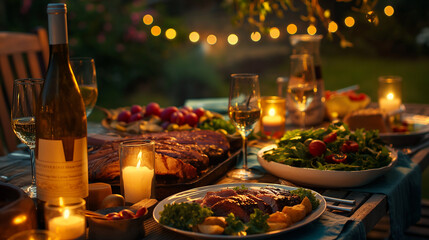 a dinner table is set with aromatic BBQ meat, crisp salads, and glasses of wine, creating an...