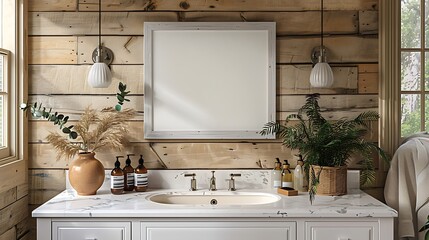 Visualize a refined bathroom enhanced with a small, waterproof blank poster mockup above the vanity.