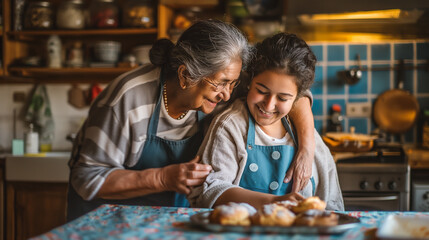  a cozy kitchen setting, a retired Latina grandmother and her grown granddaughter, both wearing aprons, share a tender moment as they hug at the table, their smiles radiating warmth and happiness - Powered by Adobe