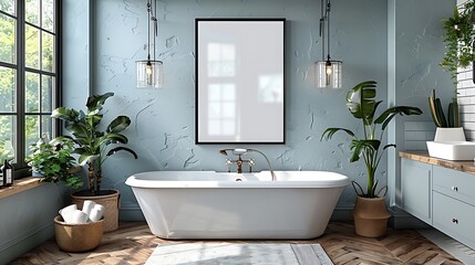 Visualize a refined bathroom enhanced with a small, waterproof blank poster mockup above the vanity.