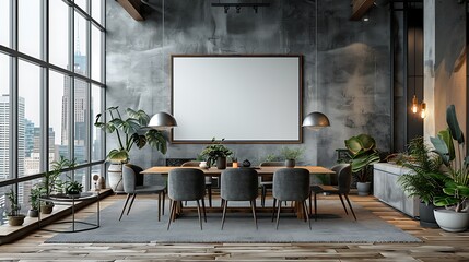 Visualize a sophisticated dining room with a large blank poster mockup dominating the main wall.