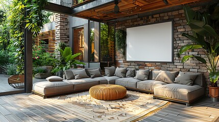 Visualize a stylishly decorated enclosed patio featuring a blank poster mockup that invites the imagination to explore potential artwork.