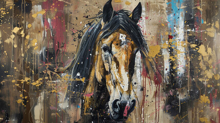 A painting of a horse with a gold frame
