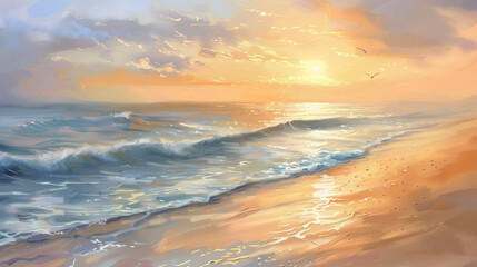 Obraz premium A painting of a beach with a wave and a bird flying over the water