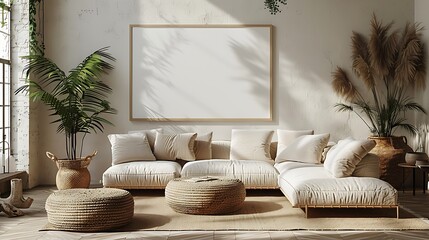 A sophisticated minimalist living room with a large blank poster mockup centered over a modern sofa.