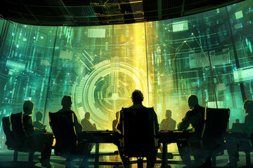 A group of people are sitting in a room with a large screen in the background