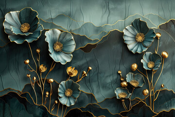 3d blue flowers with gold leaf, grey background. Created with Ai