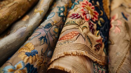 Intricate details and rich textures of vintage fabrics, such as embroidery, highlighting their timeless elegance