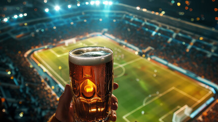 A person is holding a glass of beer in front of a stadium - Powered by Adobe