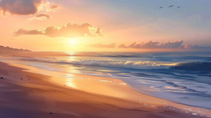 Fototapeta premium A beautiful beach scene with a sunset in the background