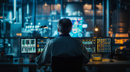 
In a dimly lit control room, an engineer meticulously watches over a high-tech dashboard that presents real-time data and predictions from industrial machinery