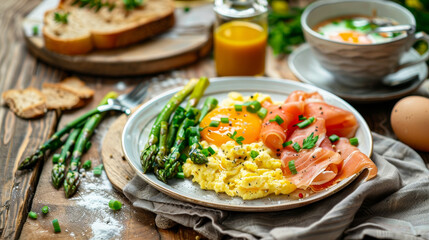 A plate of food with a piece of salmon and asparagus on it