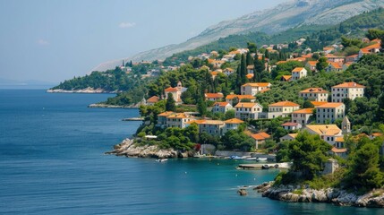 Fototapeta premium beautiful view of coastal village on hill with sea with houses and bright blue clouds