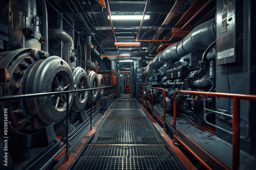 Poster a large industrial building with a red and gray color scheme