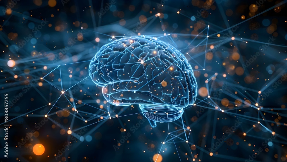 Poster computergenerated image shows detailed neural network connections in human brain. concept neural net