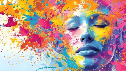 Vibrant Abstract Art: Happy Woman's Head in Paint Splatter Style. Concept Abstract Art, Vibrant Colors, Woman's Head, Paint Splatter Style, Happy Mood