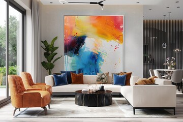 A vibrant abstract painting featuring bold splashes of color on a large canvas in a modern living room.