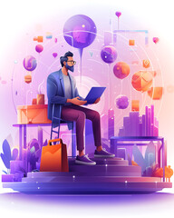 2D Illustration of a Man buying products online shopping concept White Background AI Generated